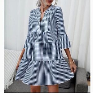 SHEIN Navy and White Striped Single Button Front Flounce Hem Dress Med